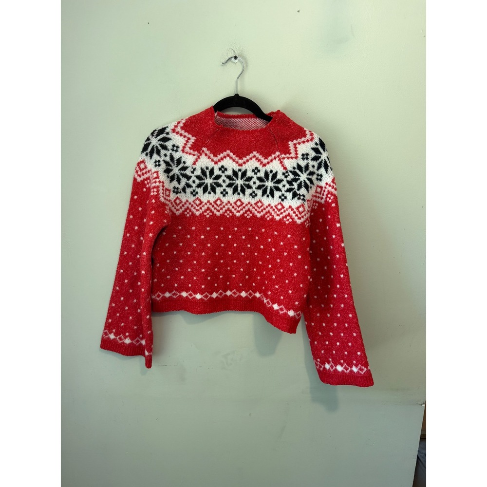 No Boundaries Womens Red Fair Isle Snowflake Cropped Sweater Mock Neck Small 4-6